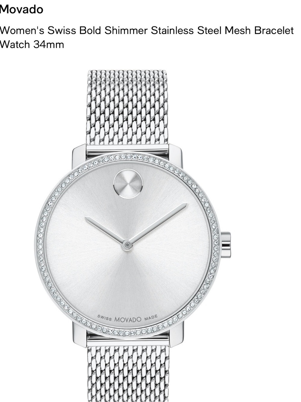 Movado Silver Sunray Dial Crystal Bezel Mesh Bracelet Women’s Watch